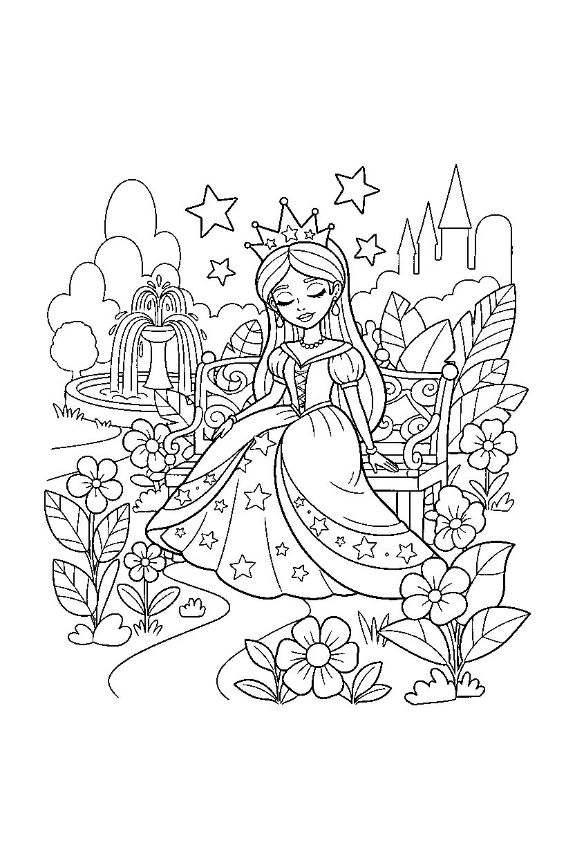 star princess sitting peacefully in a secret royal garden line art