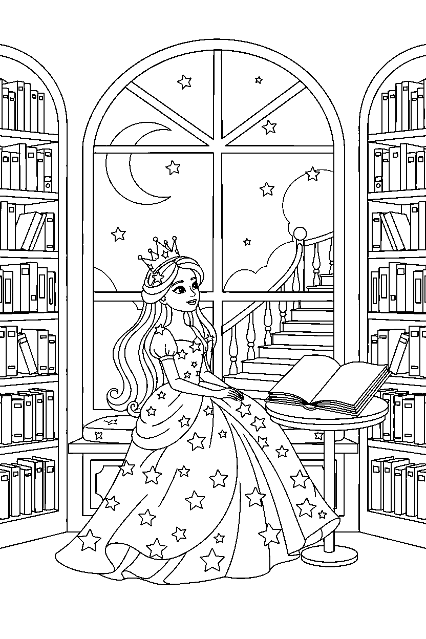 star princess watching the moon in a royal library line art
