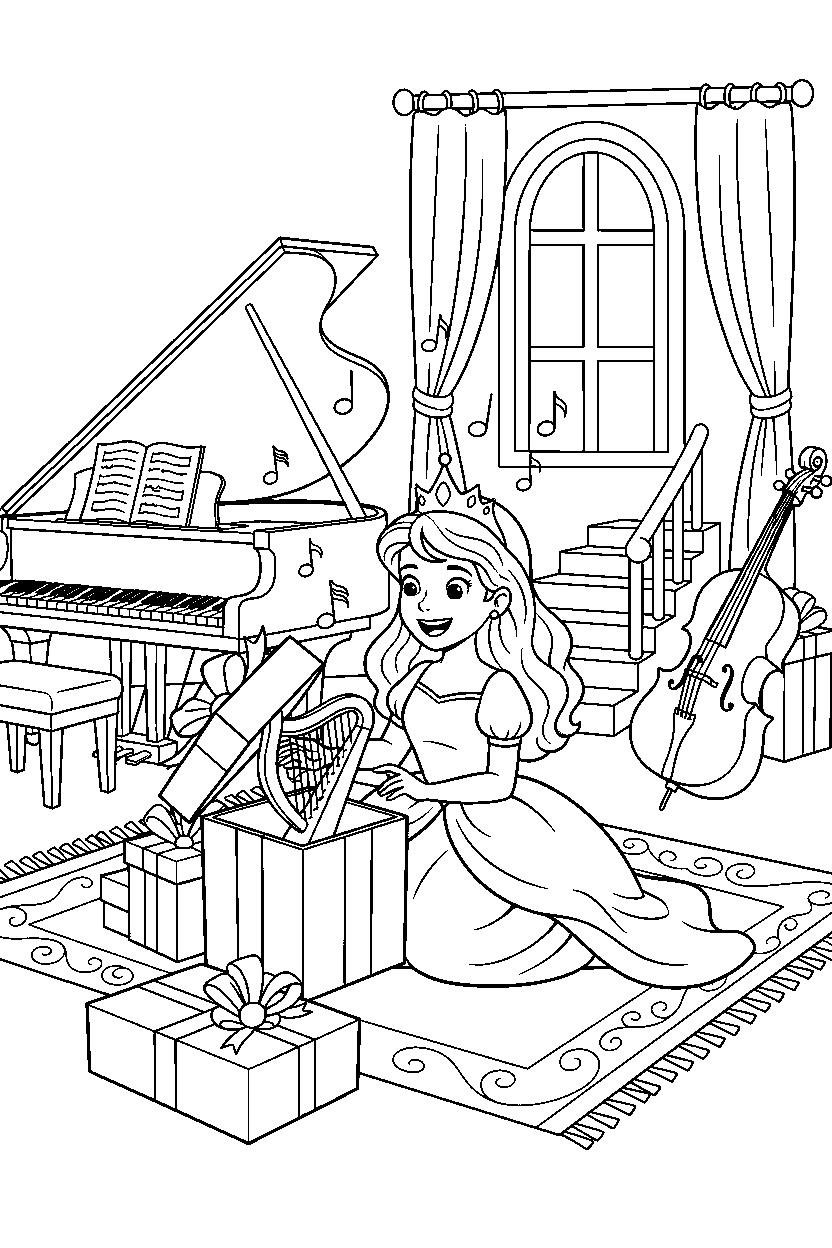 storybook castle princess opening a present in a music room line art