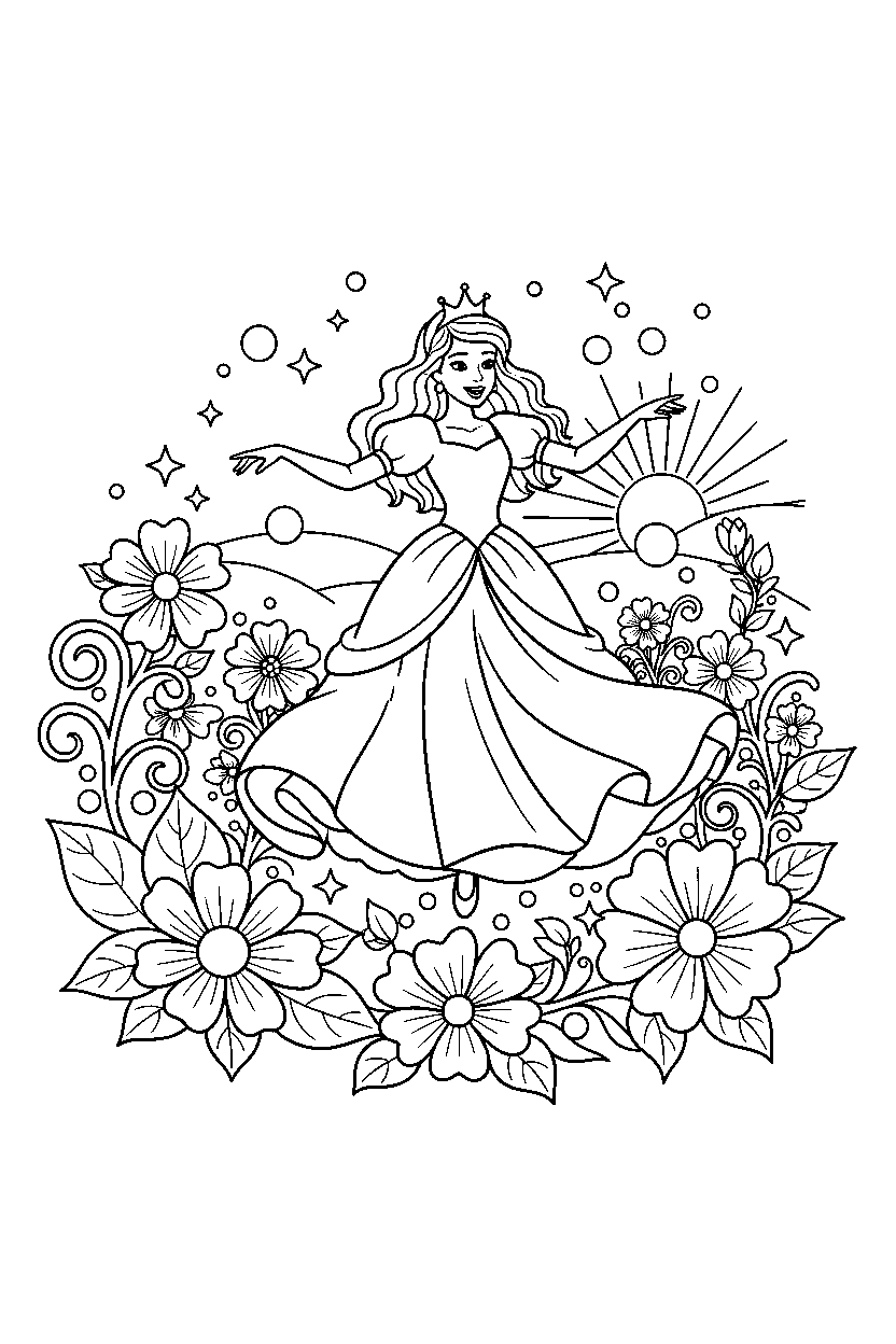 storybook princess dancing gracefully in a magic flower field line art