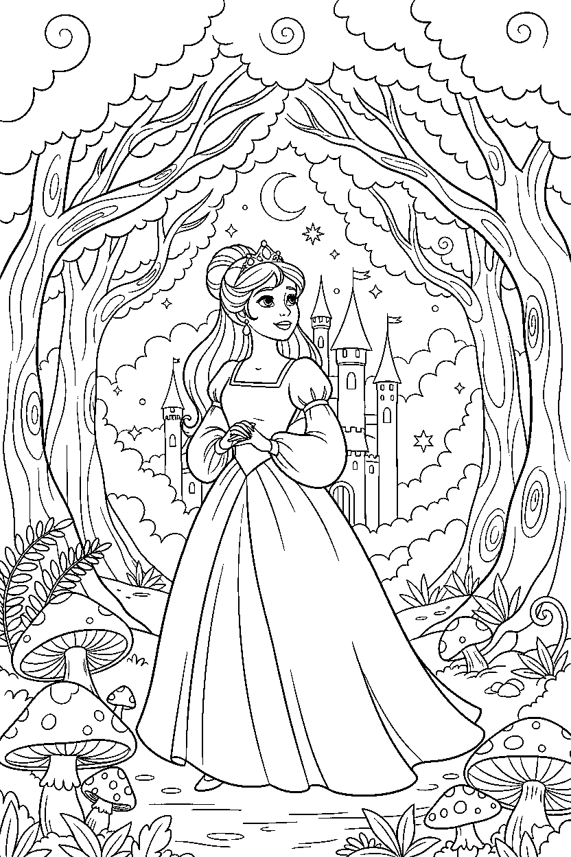 storybook princess looking at the sky in an enchanted forest line art