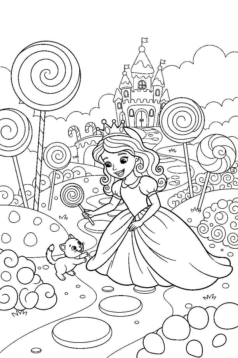 storybook princess playing with a kitten in a candy kingdom line art