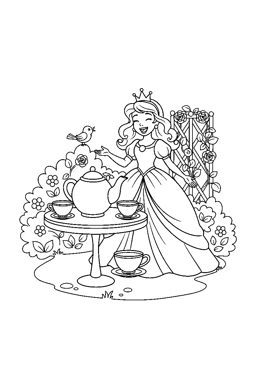 storybook princess singing happily in a royal tea garden line art