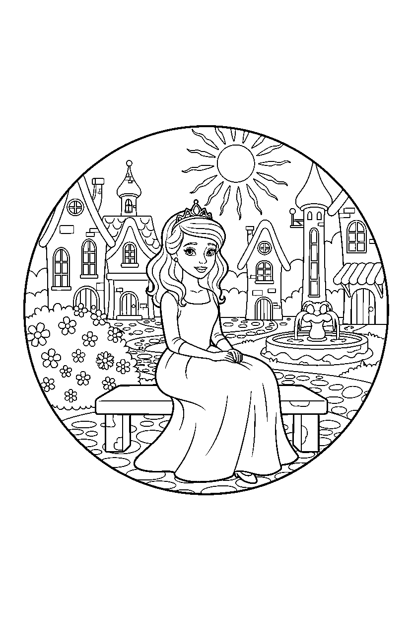 storybook princess sitting peacefully in a storybook village line art