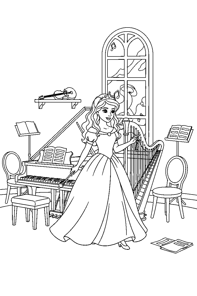 storybook princess walking gently in a music room line art