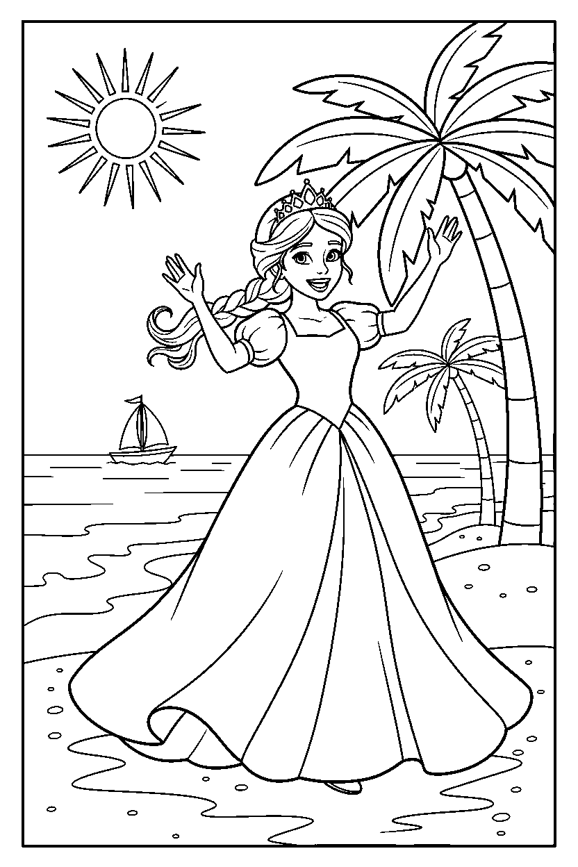 storybook princess waving happily on a sunny beach line art