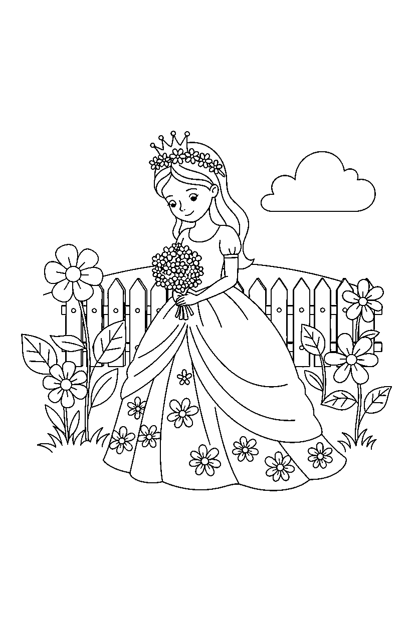 summer princess curtsying politely in a flower garden line art