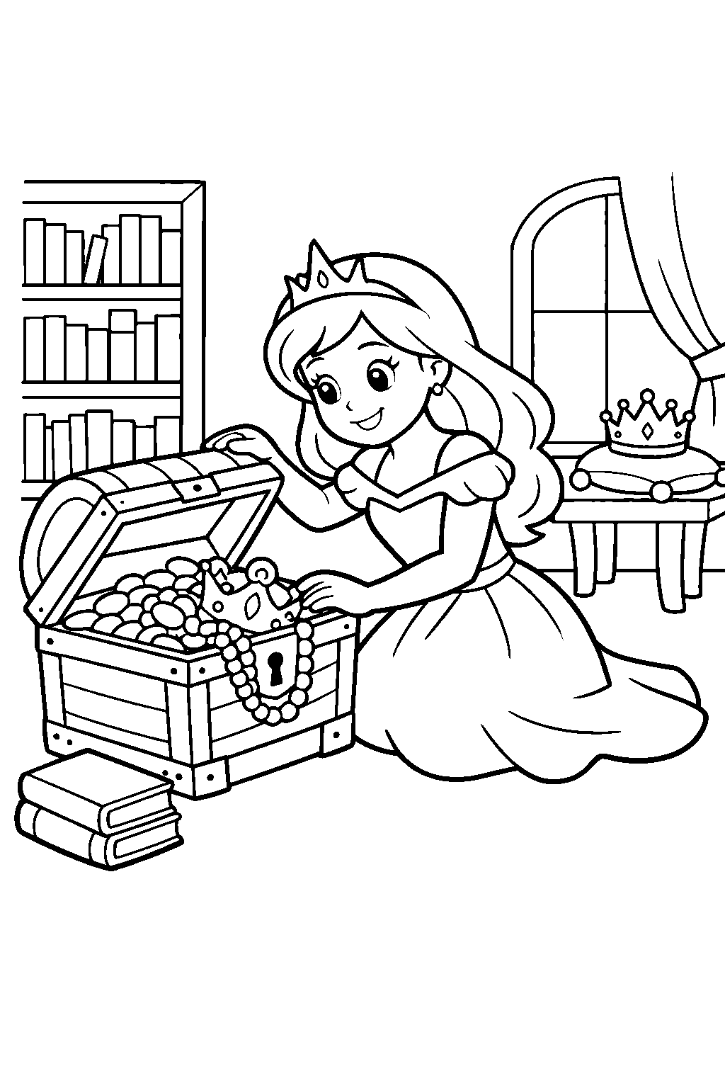 summer princess opening a treasure chest in a royal library line art