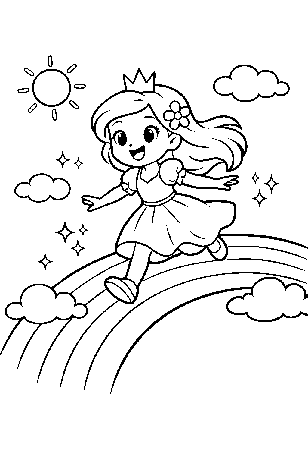 summer princess running happily on a glowing rainbow line art