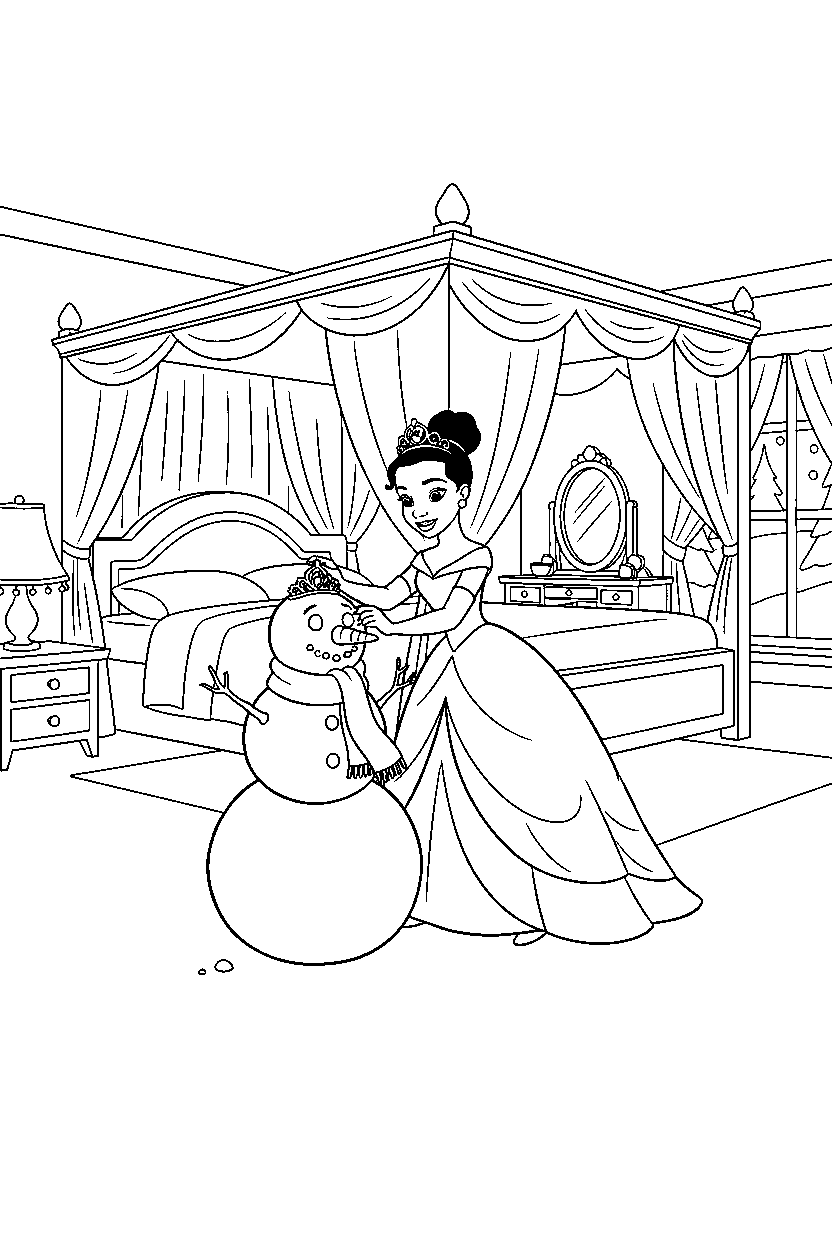 tiana princess building a snowman in a princess bedroom line art