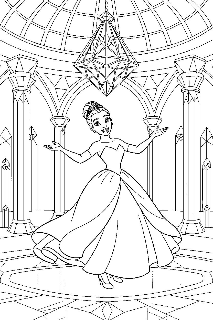 tiana princess dancing happily in a crystal palace line art