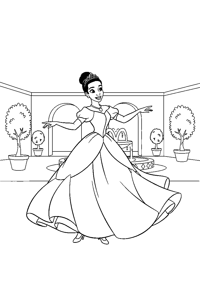 tiana princess dancing happily in a royal courtyard line art