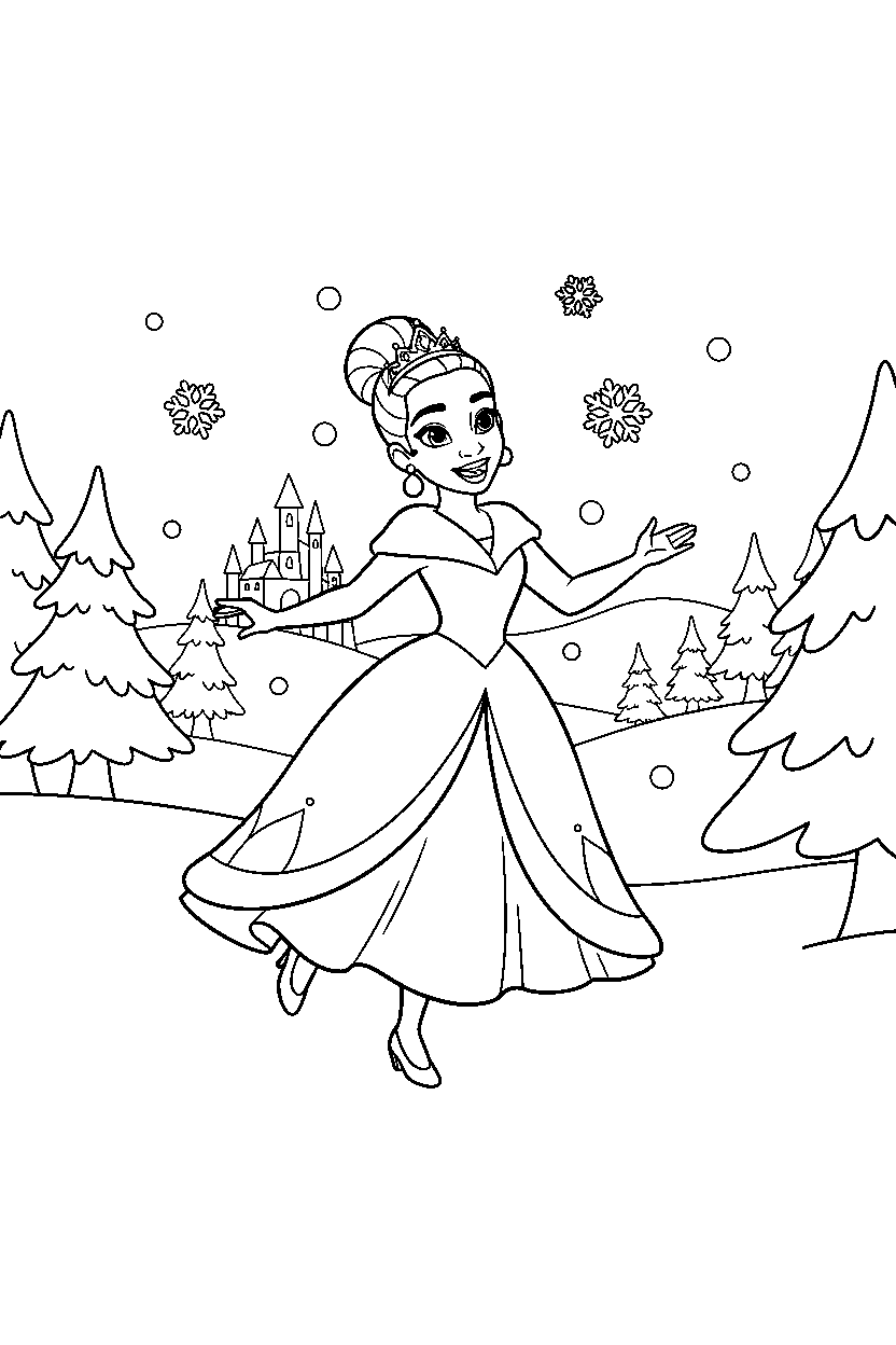 tiana princess exploring happily in a snowy kingdom line art