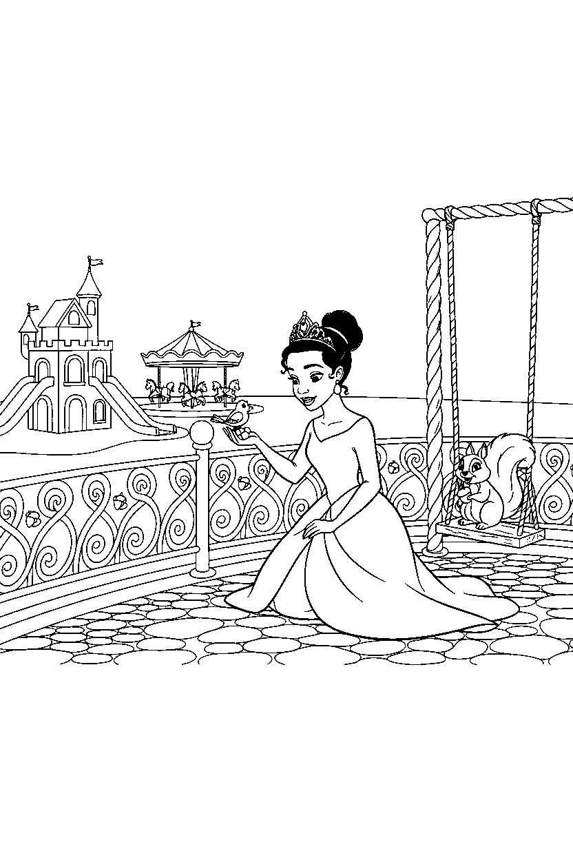 tiana princess helping an animal in a royal playground line art