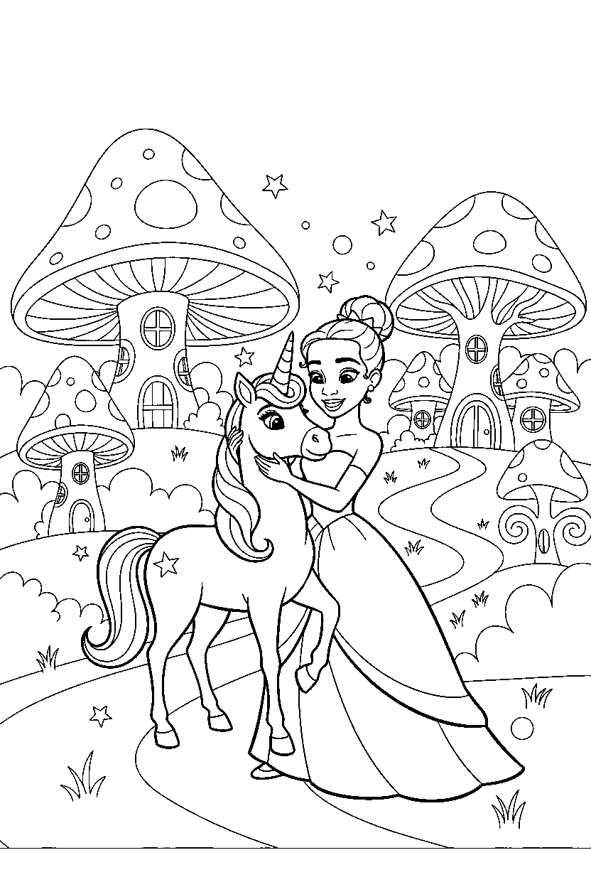 tiana princess hugging a unicorn in a magic village line art