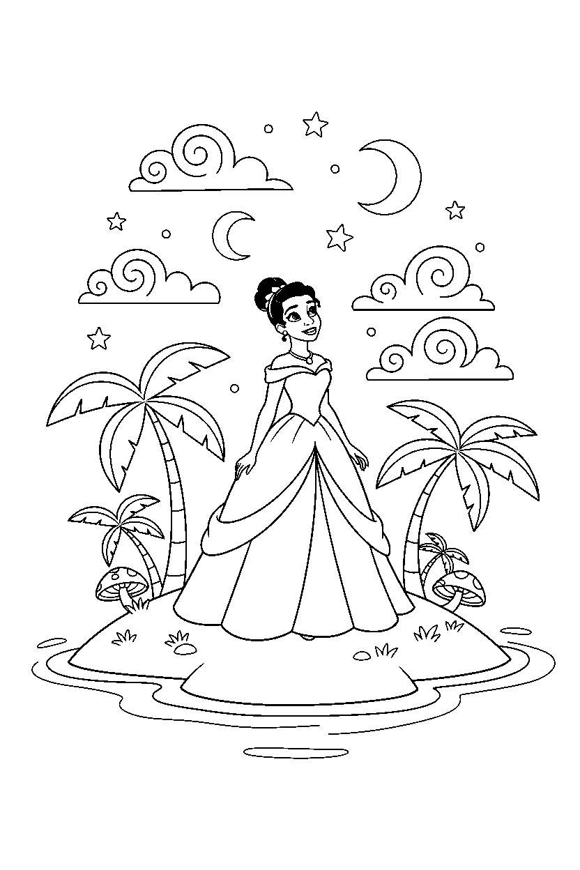 tiana princess looking at the sky on a magical island line art