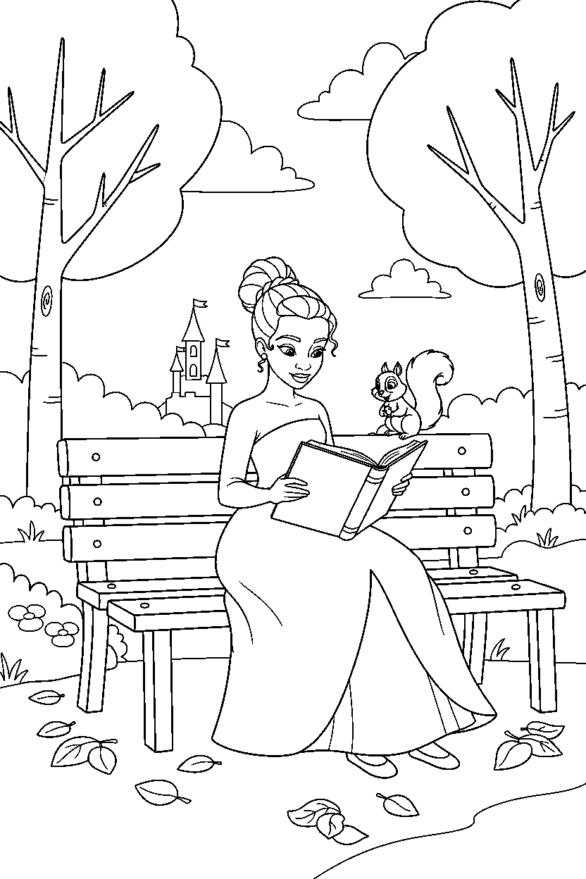 tiana princess reading a book in an autumn park line art