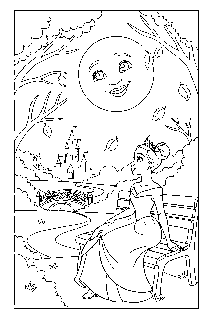 tiana princess watching the moon in an autumn park line art