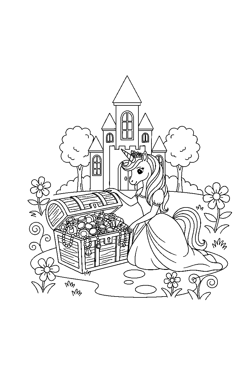 unicorn princess opening a treasure in a royal castle garden line art