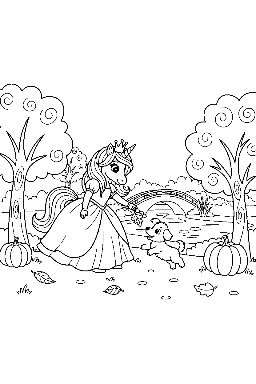 unicorn princess playing with a puppy in an autumn park line art