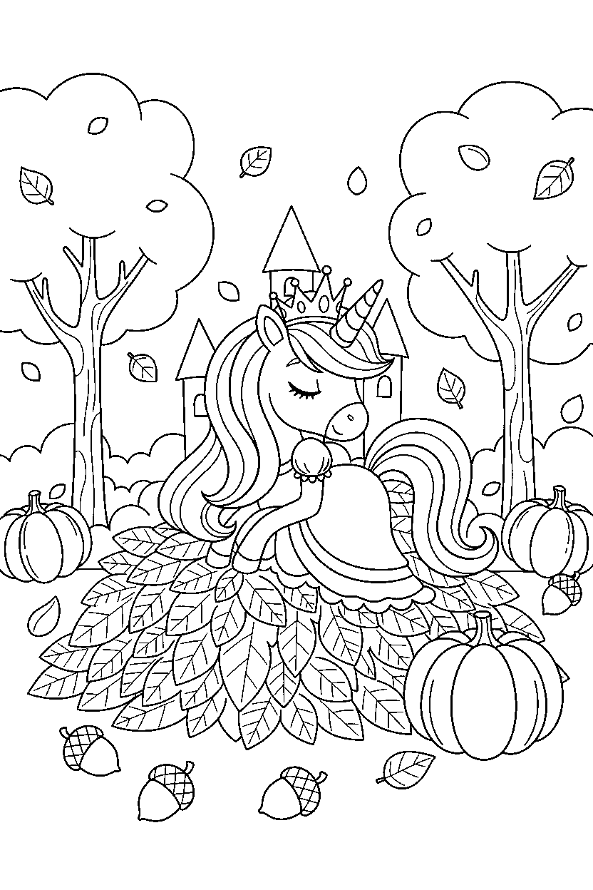 unicorn princess relaxing peacefully in an autumn park line art