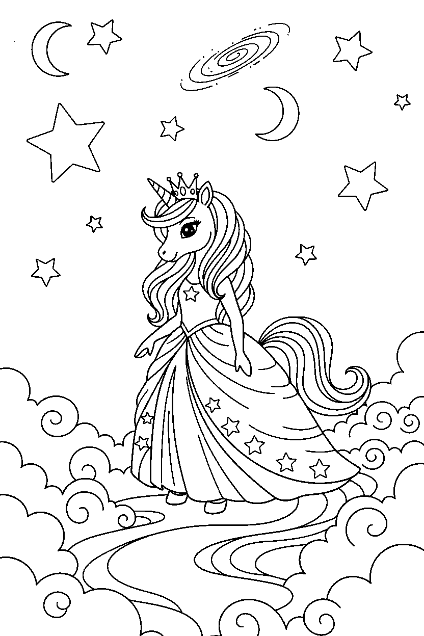 unicorn princess walking gently under a starry sky line art
