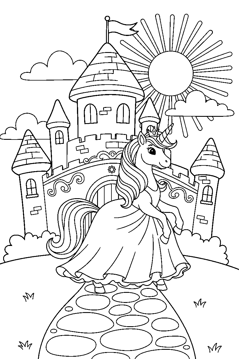 unicorn princess walking happily in a fairy tale castle line art