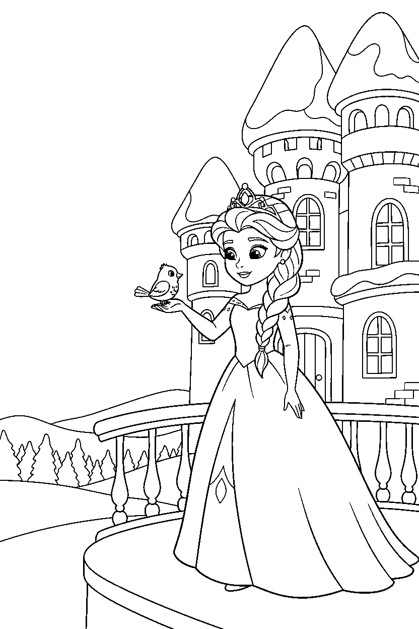 winter princess feeding a bird on a castle balcony line art