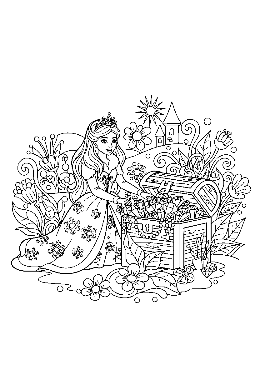 winter princess opening a treasure in a flower garden line art