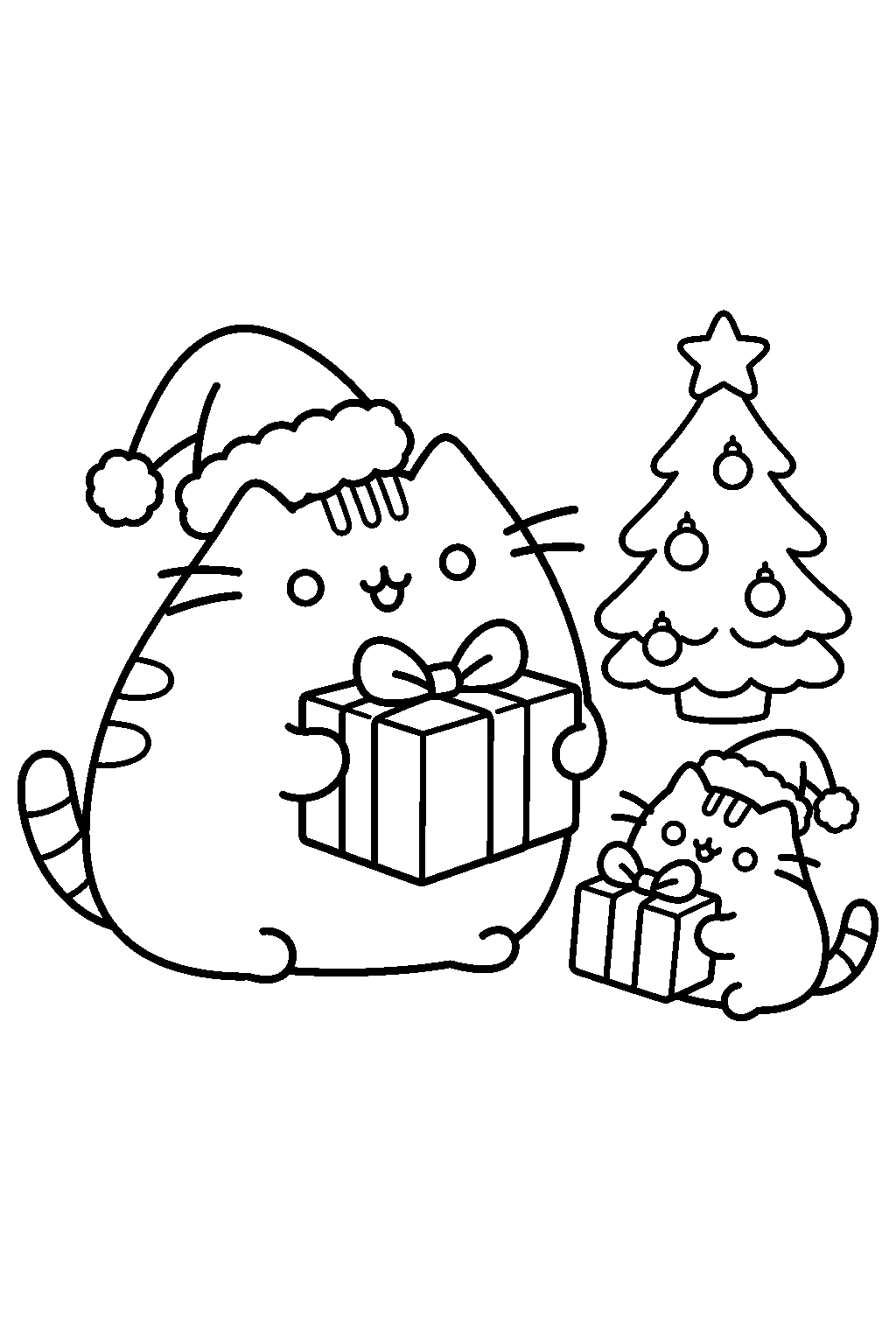 pusheen and pip exchanging wrapped christmas presents line art