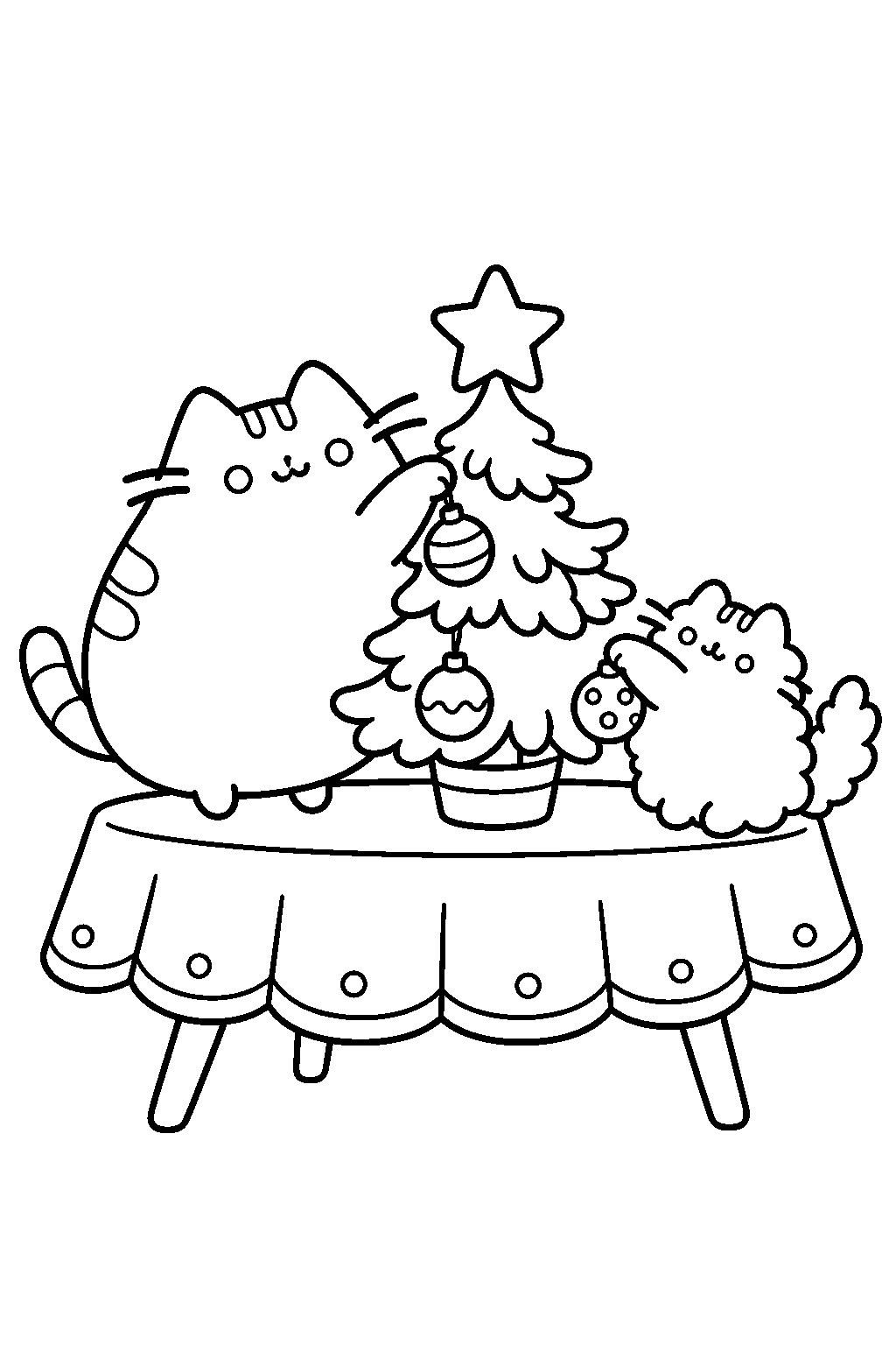 pusheen and stormy hanging baubles on a tabletop christmas tree line art