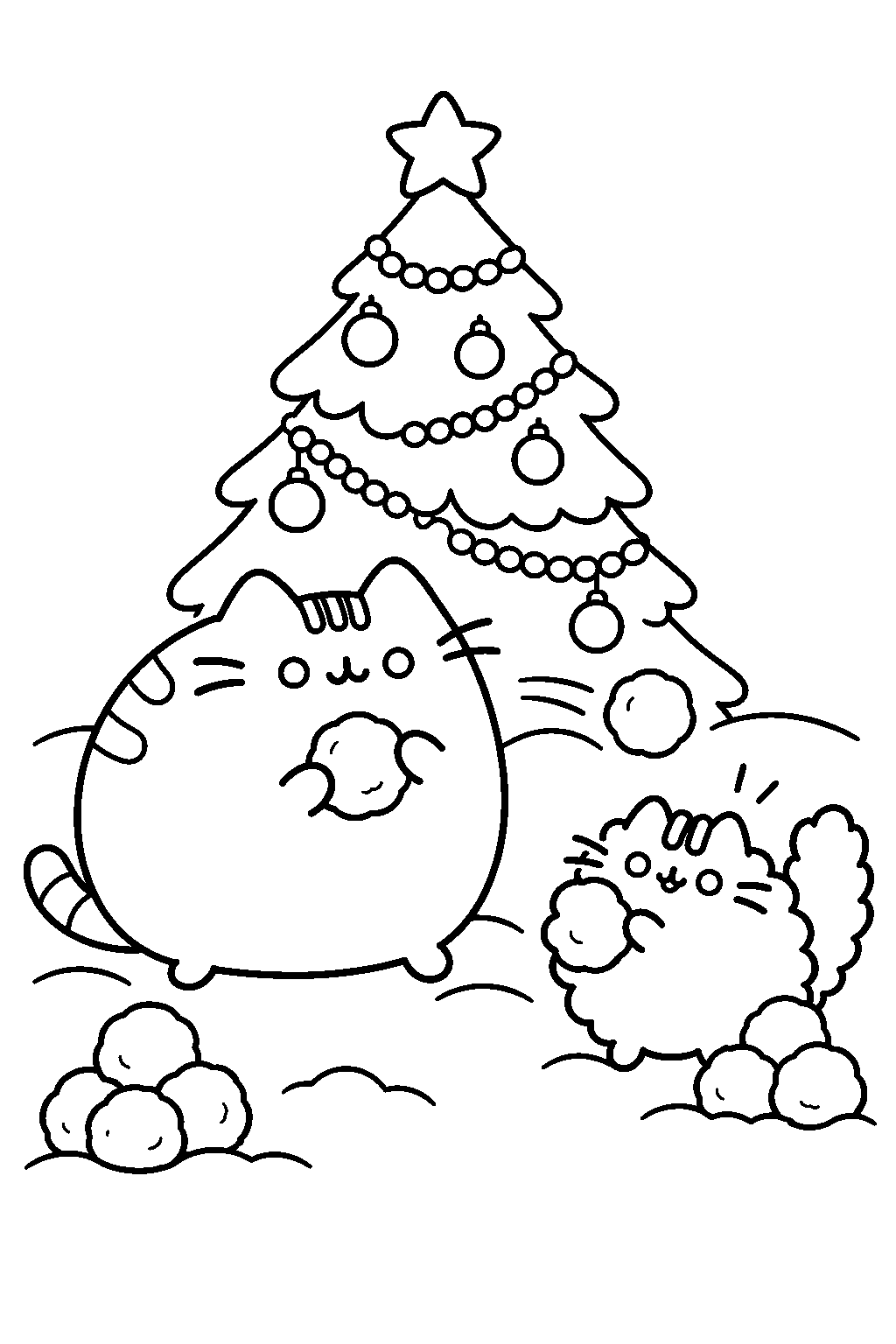 pusheen and stormy having a snowball fight beside a christmas tree line art
