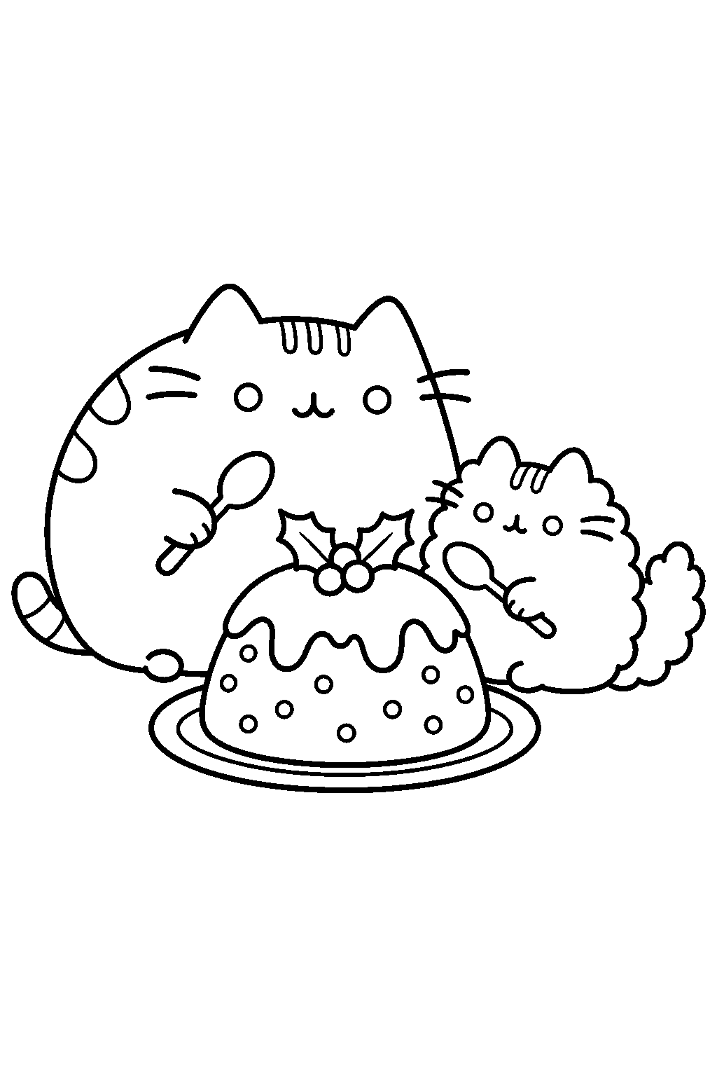 pusheen and stormy sharing a christmas pudding topped with holly line art