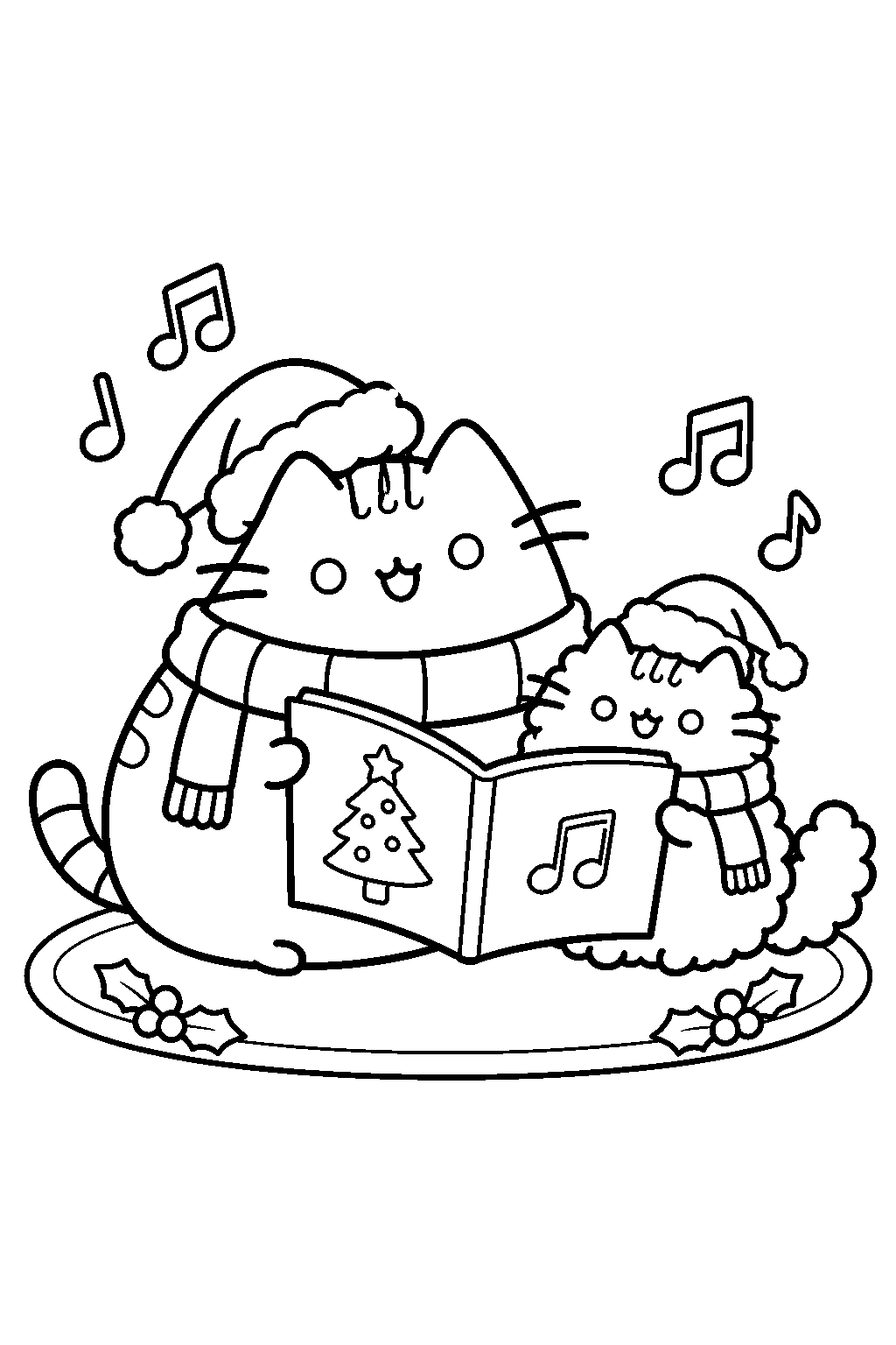 pusheen and stormy singing christmas carols with an open songbook line art