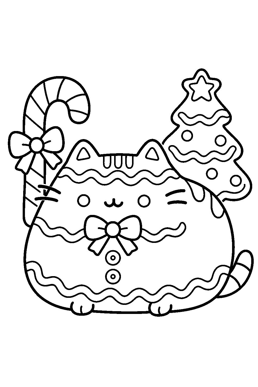 pusheen as a christmas gingerbread cat with icing decorations line art