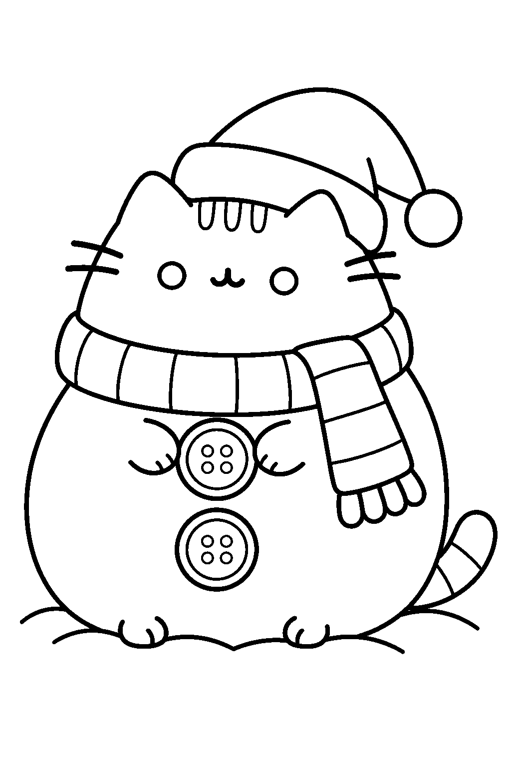 pusheen as a christmas snowman with a santa hat and striped scarf line art