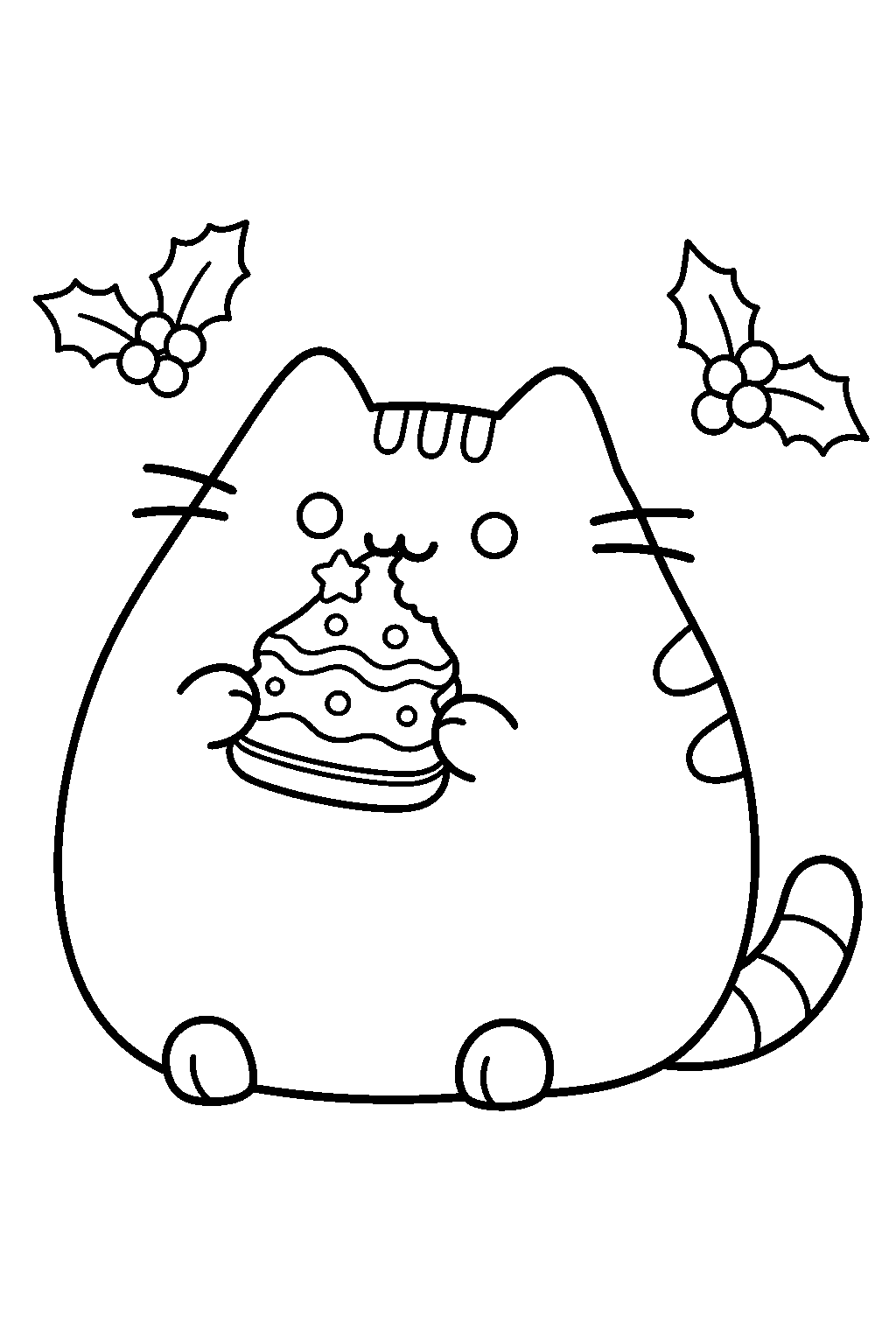 pusheen biting a christmas macaron shaped like a pine tree line art