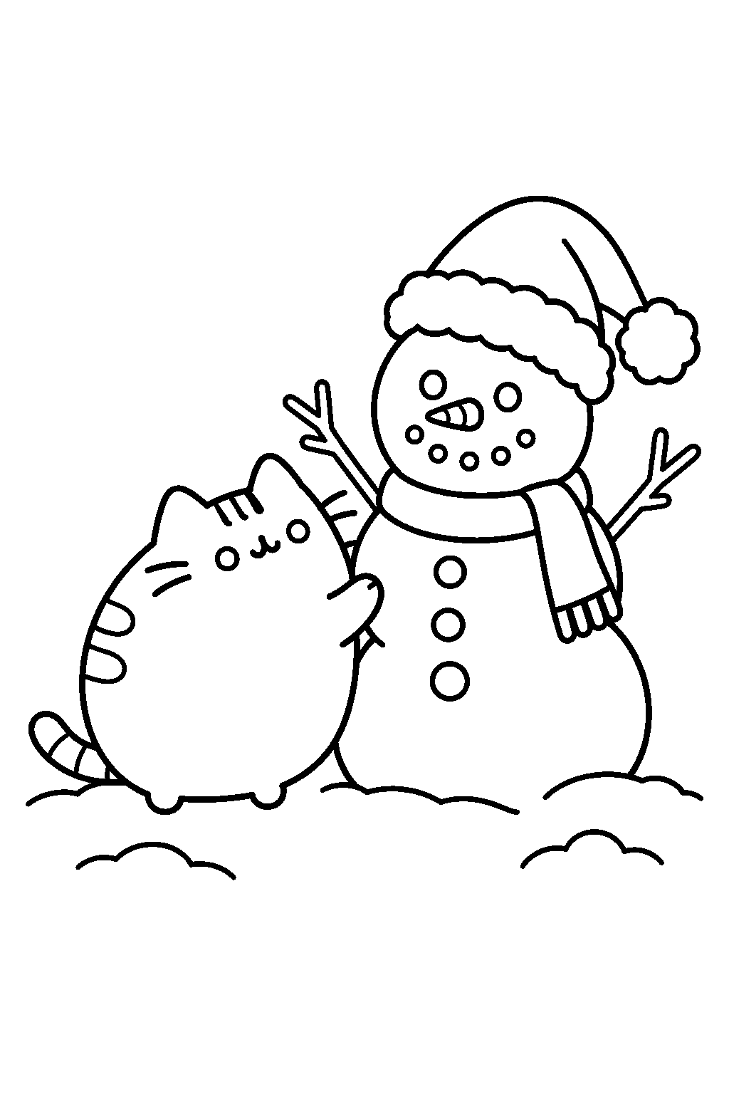 pusheen building a snowman wearing a santa hat line art