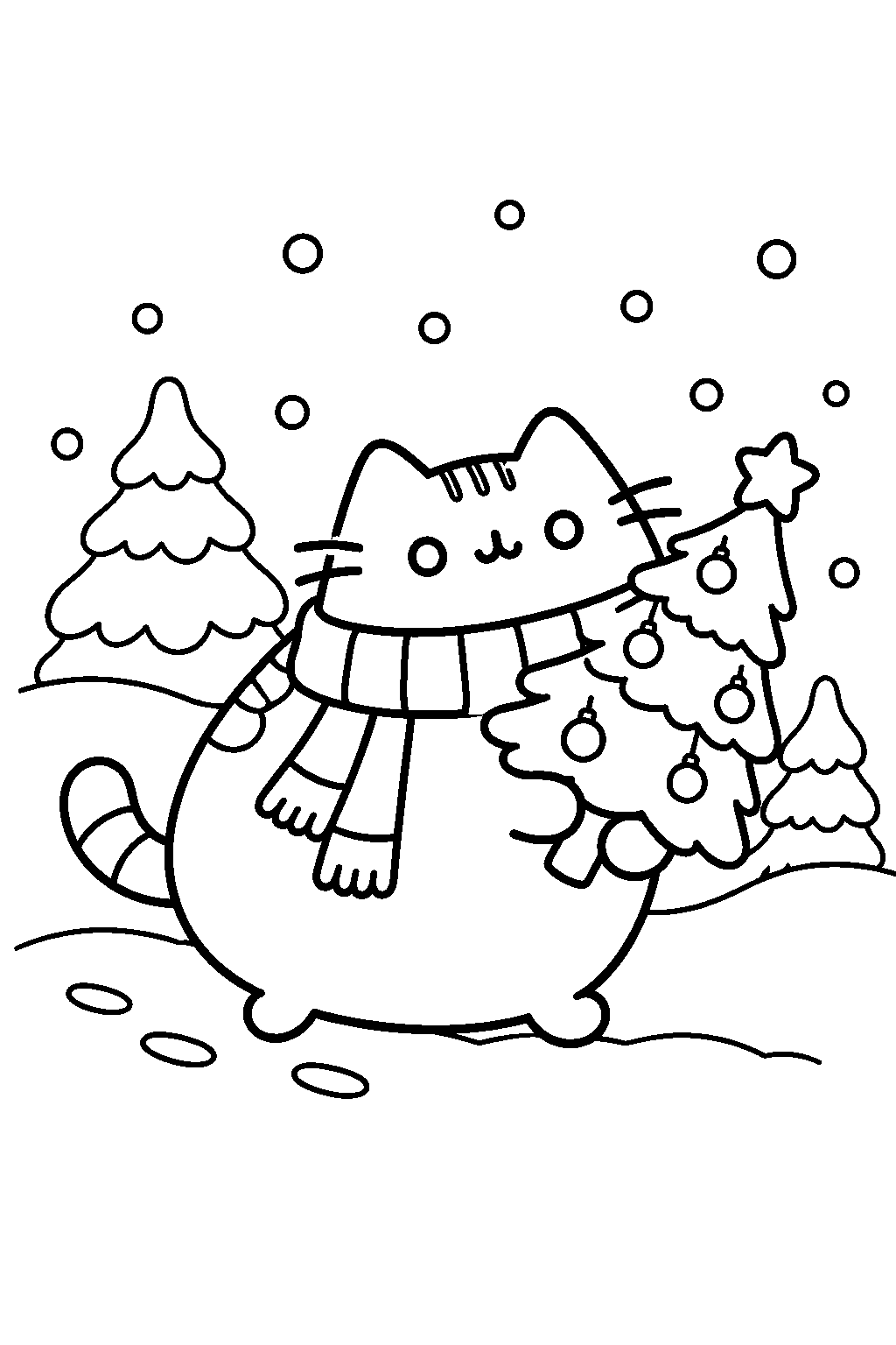 pusheen carrying a small christmas tree home through the snow line art