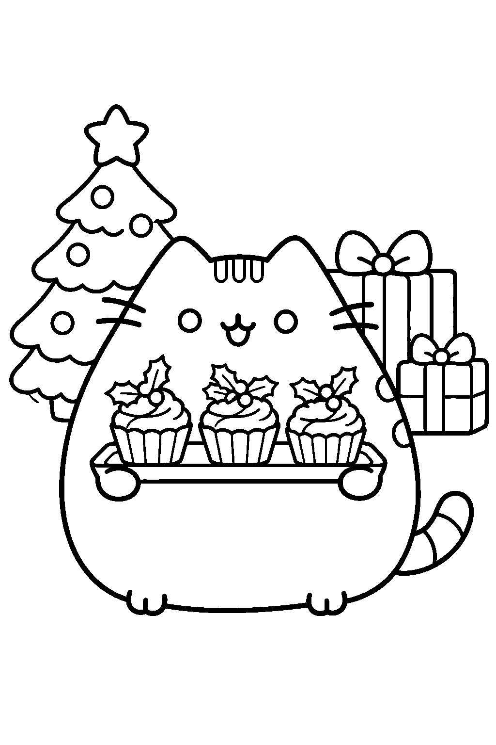 pusheen carrying a tray of christmas cupcakes topped with holly line art