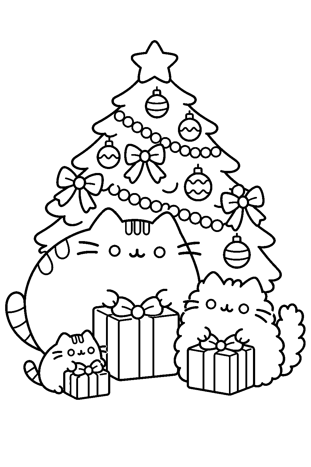 pusheen celebrating christmas with stormy and pip beside a decorated tree line art
