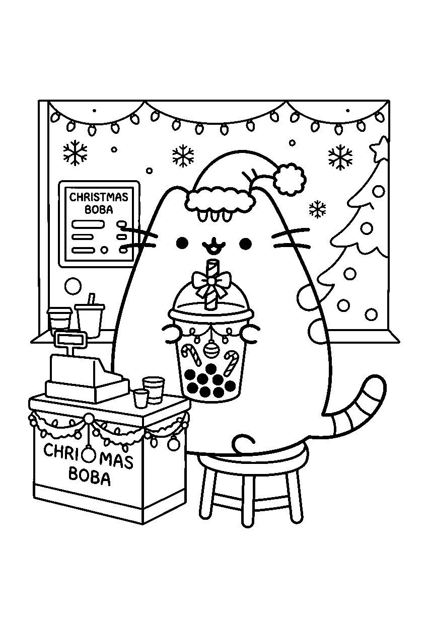 pusheen christmas in boba tea shop line art