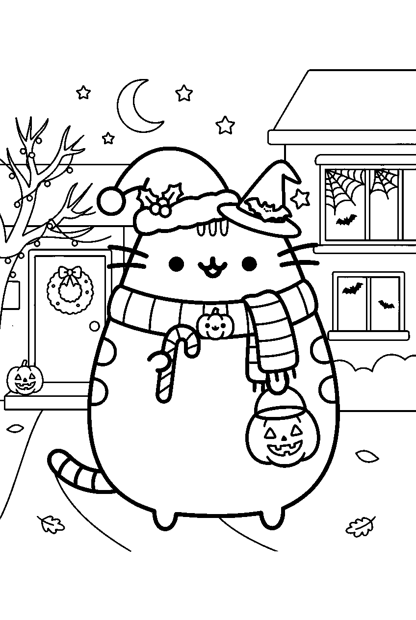 pusheen christmas in halloween neighborhood line art
