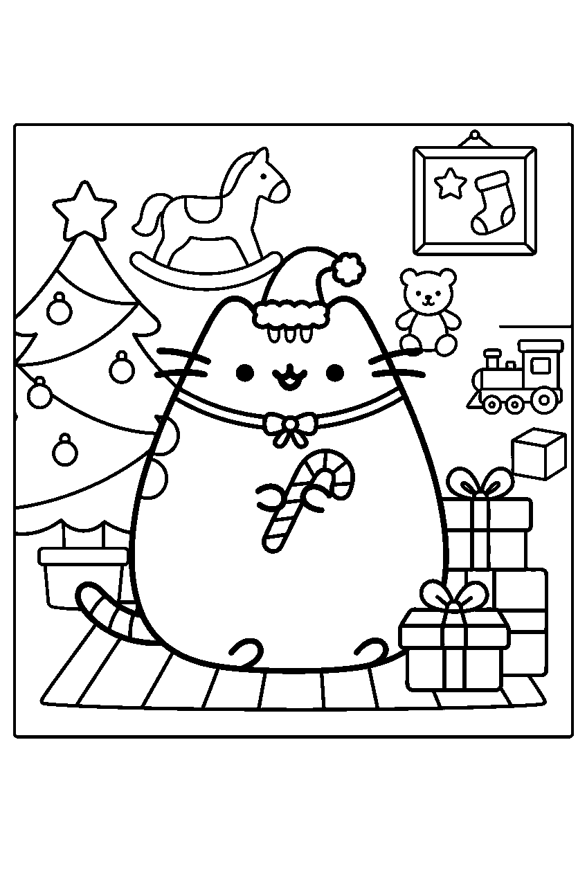 pusheen christmas in playroom line art