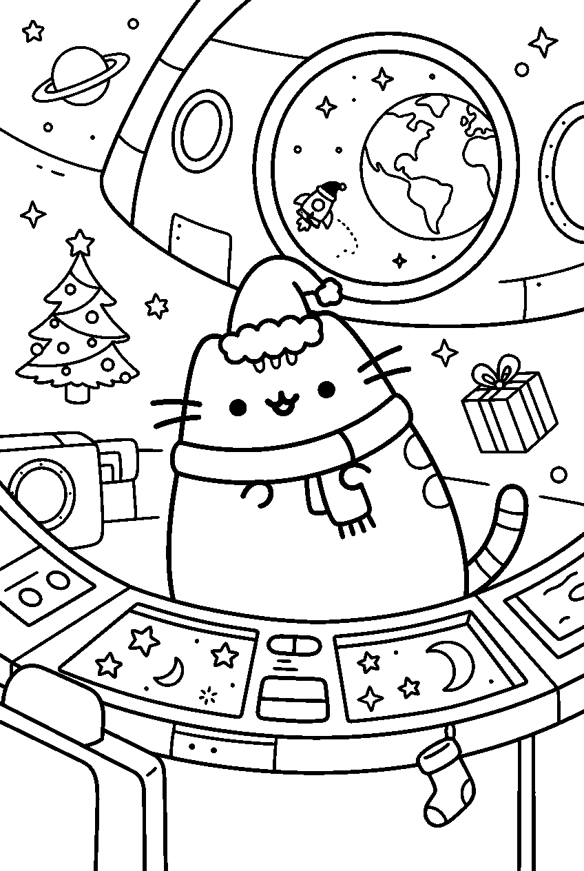 pusheen christmas in space station line art
