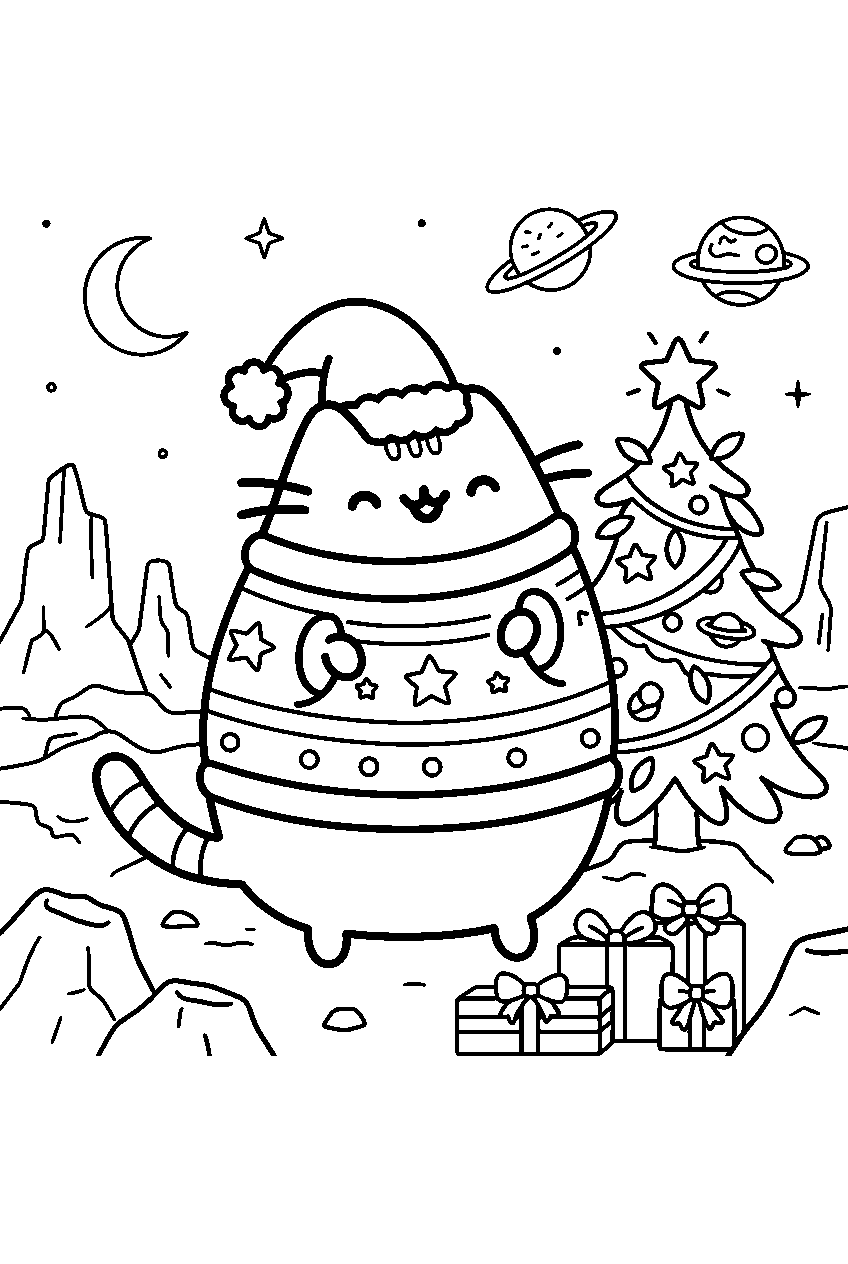 pusheen christmas on alien planet line art