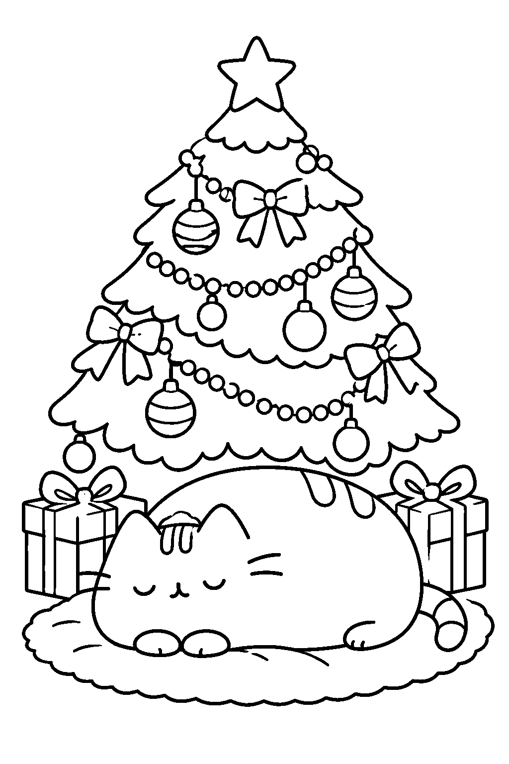 pusheen curled up asleep beneath a decorated christmas tree line art