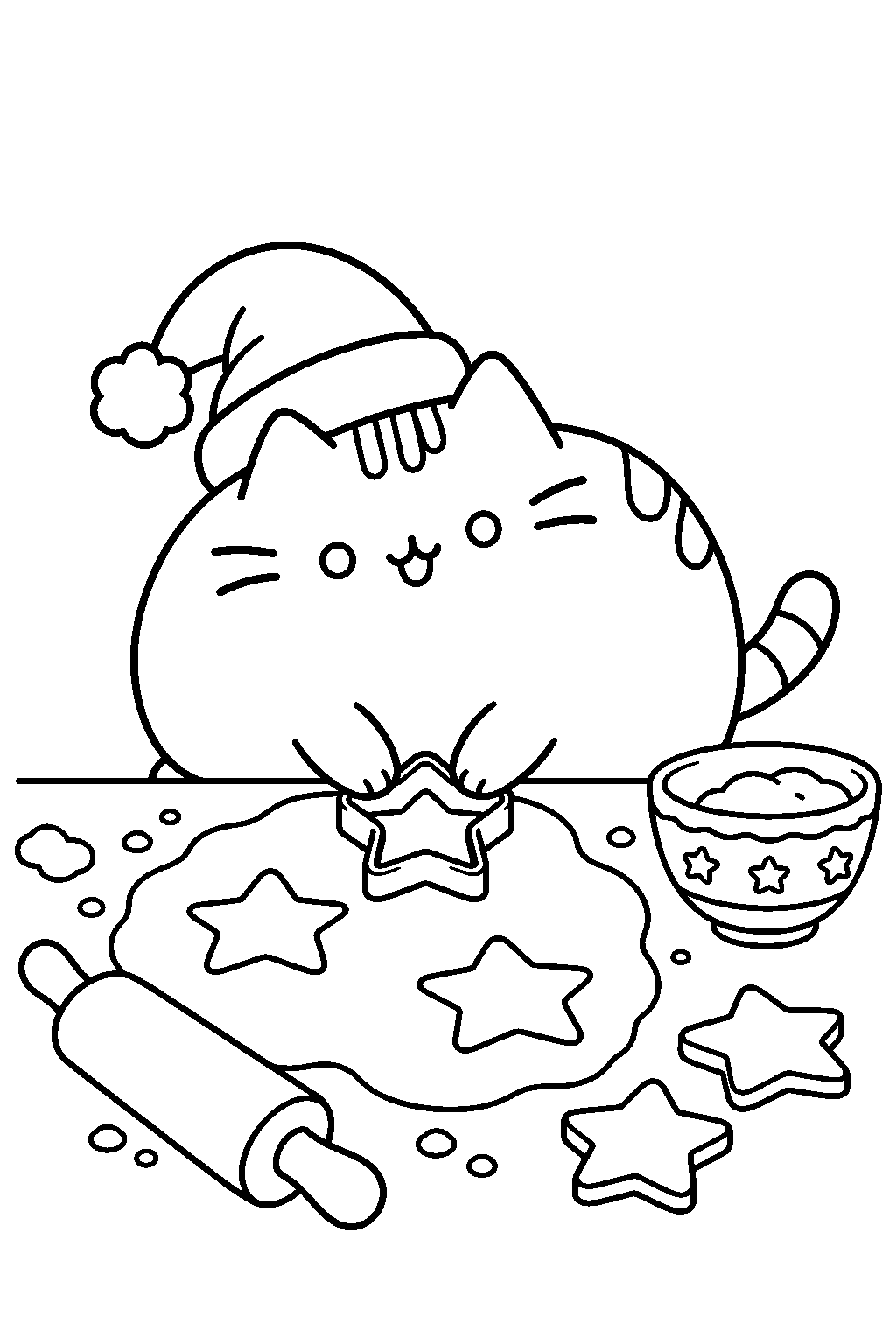 pusheen cutting star shaped christmas cookies from dough line art