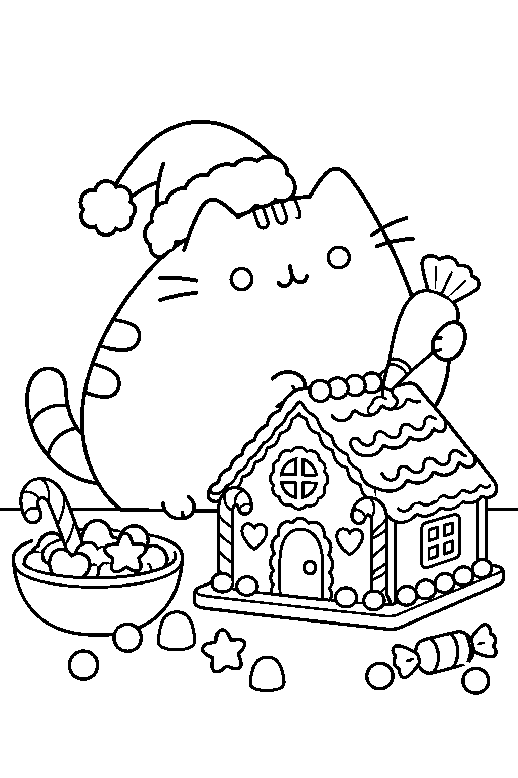 pusheen decorating a christmas gingerbread house with candy line art