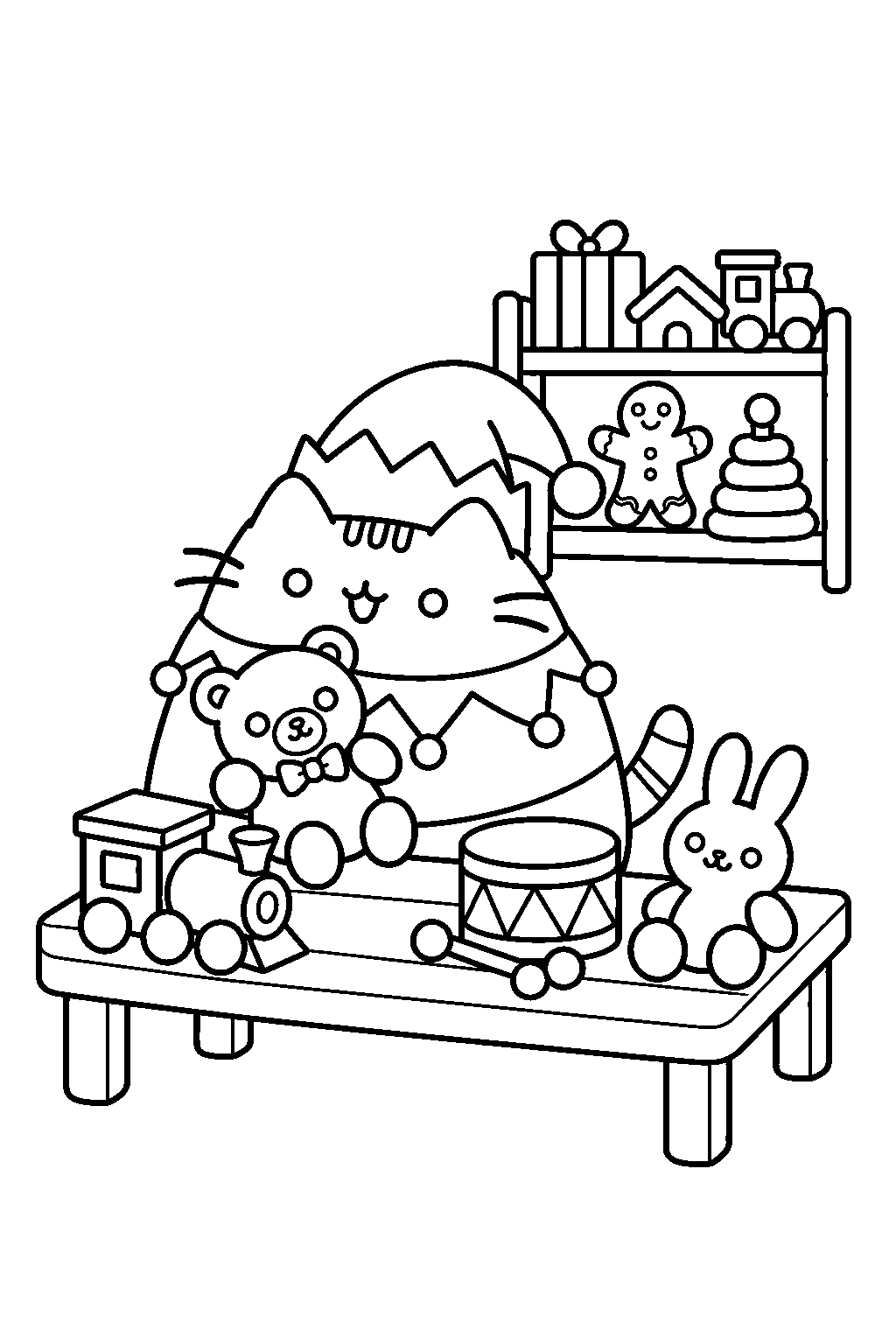 pusheen dressed as a christmas elf sorting toys in santa s workshop line art